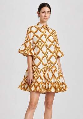 La DoubleJ Geometric Print Cotton Ruffle Mini Shirt Dress XS Italy